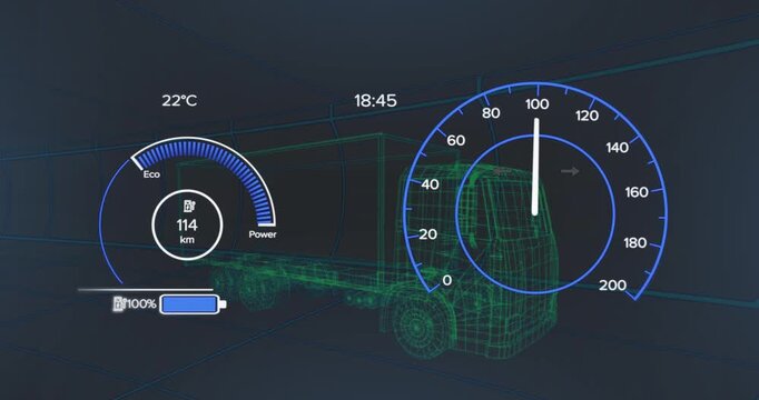 Animation of 3d truck with charging battery icon and speedometer on graphic screen