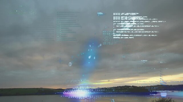 Animation of computer language and abstract patterns moving against cloudscape at sunset