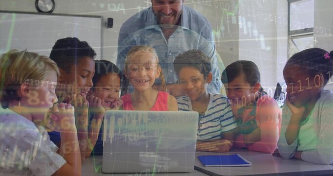 Animation of globe, graph, programming code over multiracial teacher with students looking at laptop