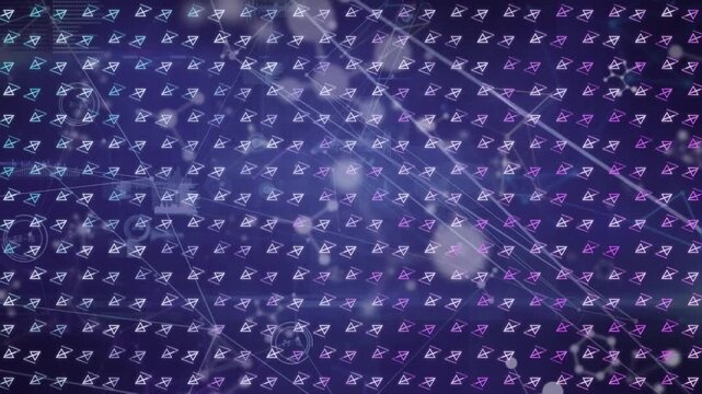 Digital animation of and purple light trails against shining stars on blue background