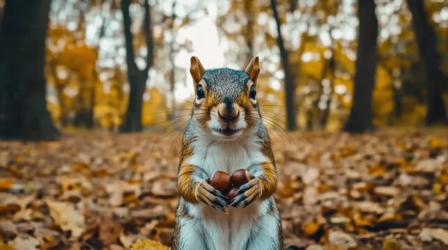 Squirrel holding multiple acorns in forest