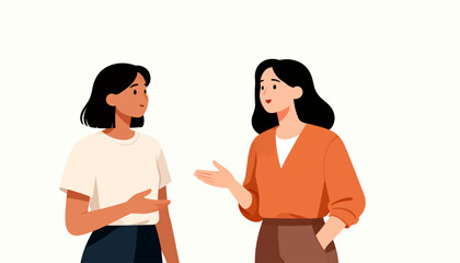 Fototapeta premium Two women converse warmly in a minimalist setting. One gestures expressively while the other listens attentively. Their calm expressions suggest a friendly or supportive interaction