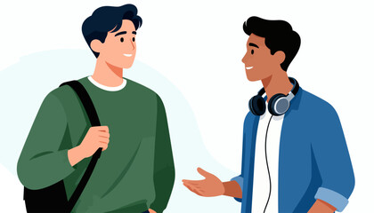 Fototapeta premium Two young men engage in friendly conversation. One wears headphones, gesturing warmly. The other smiles, carrying a shoulder bag. Their expressions show relaxed, pleasant interaction