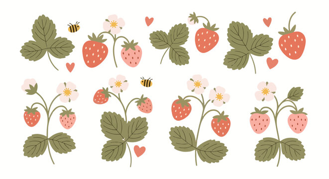 Charming collection of cartoon strawberry plants with ripe berries, delicate flowers, and buzzing bees, perfect for spring and summer designs