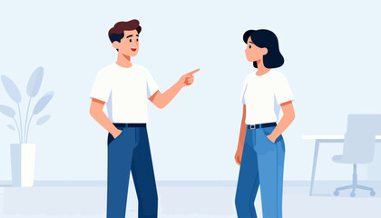 Fototapeta premium Two people stand in a bright, minimalist room. One gestures while speaking, the other listens attentively. The setting suggests a casual, focused conversation
