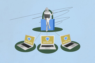 Obraz premium 3d full zine photo sketch image collage of minded businessman businesswoman stand laptop danger alert virus eyeball stare