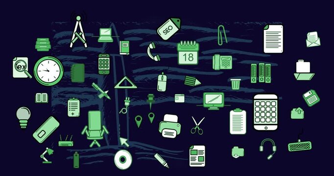 Animation of computer application icons over abstract drawing against blue background