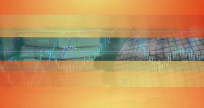 Animation of yellow lines appearing over financial data over globe and books