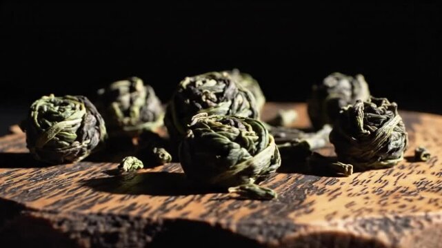 Close up of exquisite tea balls on a textured wooden surface against a dark background, showing detail and elegance