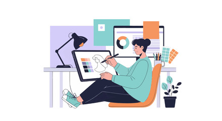 Fototapeta premium Creative Professional Crafting Digital Illustrations and Graphic Designs on Tablet in Modern Workspace