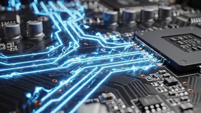 Closeup of circuit board with glowing blue neon electric lines running through it showing connectivity and technology