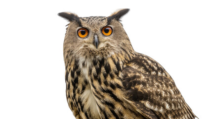 Obraz premium Vibrant Eurasian eagle-owl close-up with intense orange eyes and feathered ear tufts