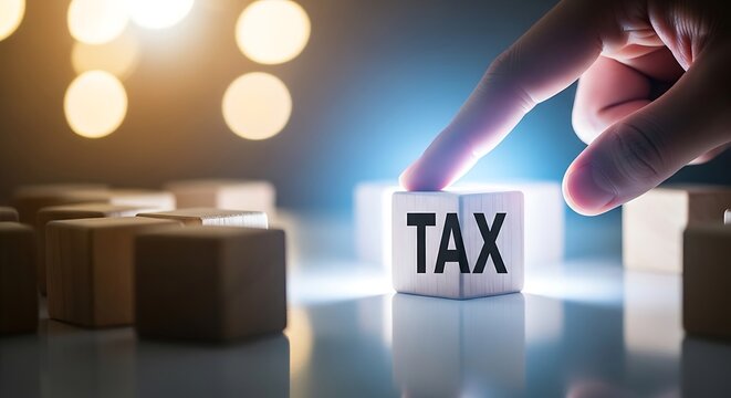 A hand placing a block with the word tax among other blocks in a conceptual representation of taxation and finance