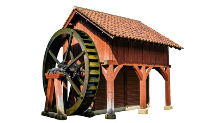 Old rustic watermill building featuring a massive wooden water wheel and classic tiled roof © Motruc