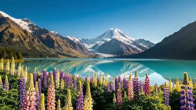 Lake Tekapo Spring Bloom - A picturesque scene of lupin flowers blooming in spring at Lake Tekapo, New Zealand, with snow-capped mountains reflected in the turquoise water.