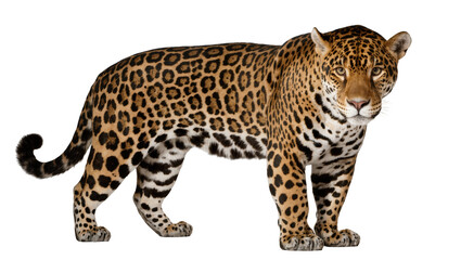 Large beautiful spotted jaguar stands alert, powerful predator of the Amazon rainforest © Motruc