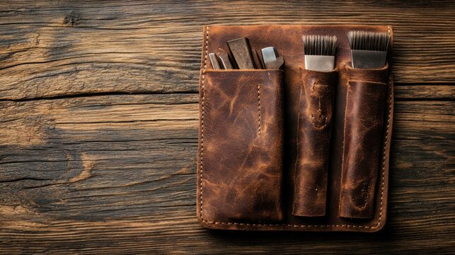 Leather tool kit with chisels and brushes on wood