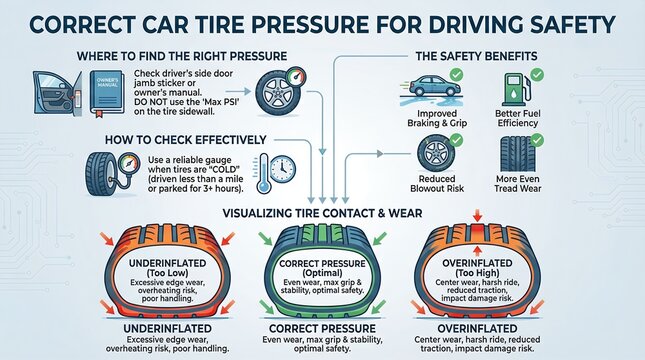 Informative Illustrated Infographic Explaining Correct Car Tire Pressure for Driving Safety