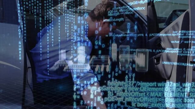 Animation of binary cpding and data processing over man in car