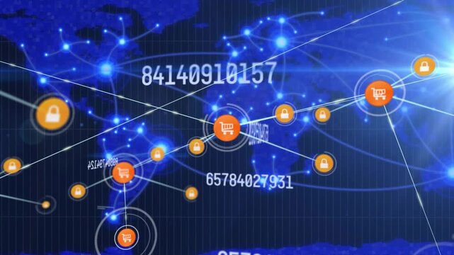 Animation of network of connections with icons and data processing over world map