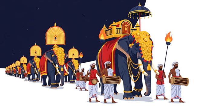 A vibrant procession of decorated elephants and traditional Indian musicians marching in a ceremonial parade at night
