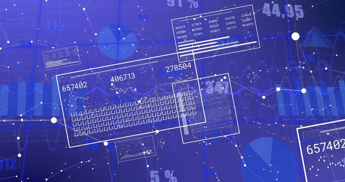 Animation of interface with statistical data processing, network of connections on blue background