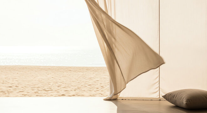 Light curtain blowing by beachside in minimalist indoor space  