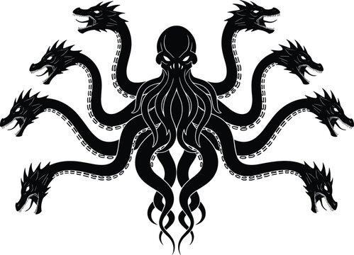 Mythical hydra octopus silhouette illustration, fantasy monster creature vector, multi head dragon design, dark black white style, horror emblem graphic