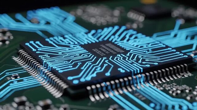 Close-up of a computer chip with blue circuit patterns on a green motherboard with silver components