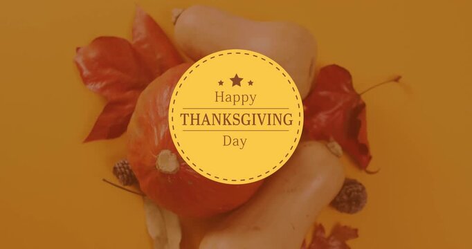 Animation of happy thanksgiving day text on orange circle over pumpkin and autumn leaves