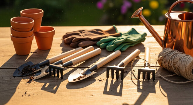 Gardening tools and accessories on a wooden table symbolize the preparation for spring work, for the design of articles about gardening or advertising garden tools