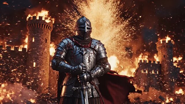 Medieval Knight in Front of Burning Castle - A knight in shining armor stands defiantly before a castle engulfed in flames. Smoke billows around the scene, creating a dramatic and intense atmosphere.