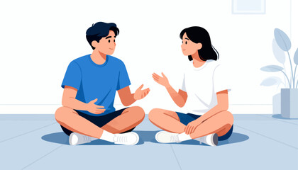 Fototapeta premium Two friends sit cross-legged, chatting warmly. Their gestures show they're engaged in a friendly conversation. Soft light bathes the clean, minimalist room. Potted plant adds gentle, calm ambiance