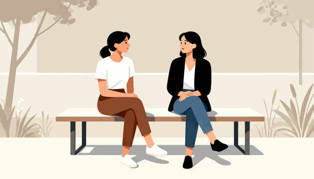 Two women sit facing each other on a park bench. One smiles gently, the other listens attentively. Soft light bathes the scene in calm tones. They converse in a quiet, friendly atmosphere