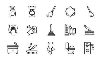 Fototapeta premium Thin line cleaning and hygiene icon set with household tools sanitizer and maintenance outline symbols vector