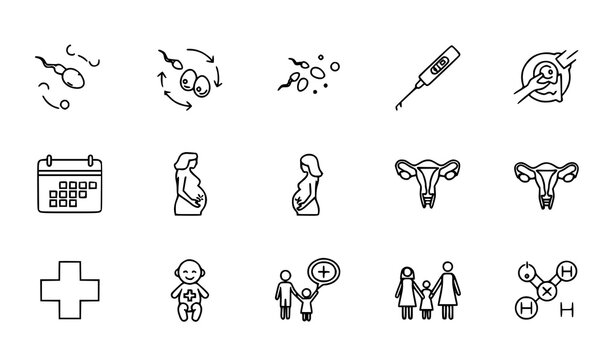Thin line pregnancy and fertility icon set with ovulation conception family planning and healthcare symbols vector
