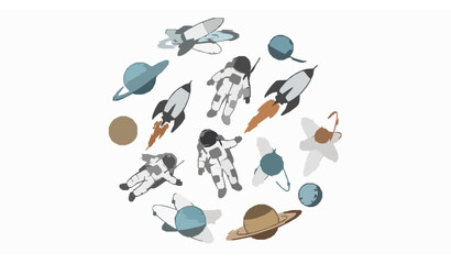 Whimsical hand drawn space icons with astronaut rocket and planets for cosmic exploration vector © Shukimon
