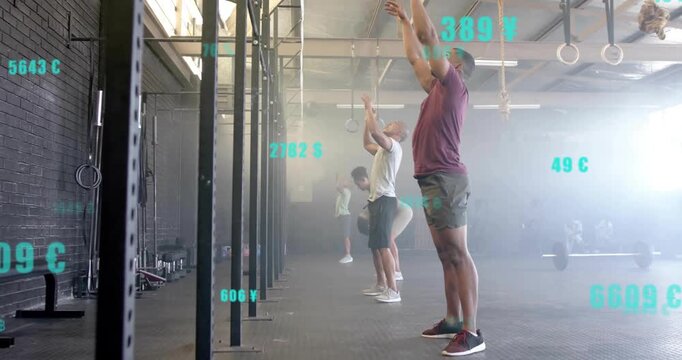Exercising in gym, people using digital data overlay for tracking progress