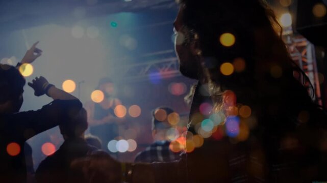 Crowd headbanging and dancing in club scene, overlaying music industry stats with animated charts