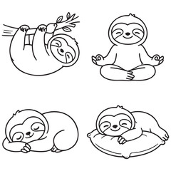 Fototapeta premium Four cartoon sloths in different relaxed poses on white background animal cute lazy