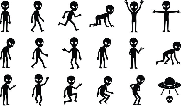 Alien silhouettes collection featuring extraterrestrial characters in various poses including walking running waving and standing isolated on white background vector illustration set
