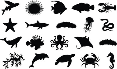 Sea animal silhouettes collection featuring ocean creatures including shark whale octopus jellyfish starfish crab and fish isolated on white background vector illustration set © MdMominur