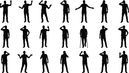 Fototapeta premium Man silhouettes collection featuring various standing gestures including waving saluting talking and posing actions isolated on white background vector illustration set