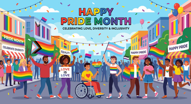 Happy Pride Month illustration with rainbow flags, inclusive parade, LGBTQ community, love, equality, diversity, and joyful street celebration of identity and unity