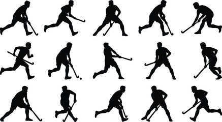 Fototapeta premium Field hockey player silhouettes set showing dribbling passing and running actions professional sport activity collection isolated on white background vector illustration