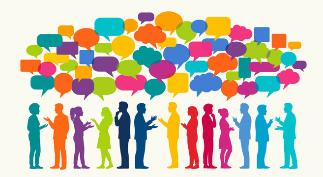 Colorful communication concept with diverse people silhouettes and speech bubbles, social discussion, conversation, networking, teamwork, community dialogue, and idea exchange illustration