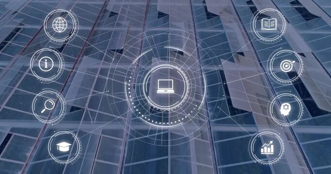 HUD appearing on facade, rings pulsing rotating, icons sliding, camera zooming out for network scan