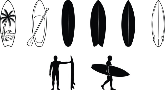 Surfboard silhouettes collection with surfer figures and paddle board isolated on white background, beach sport equipment set, ocean lifestyle and summer activity concept