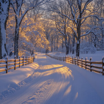 Snow-covered road winding through a winter forest.