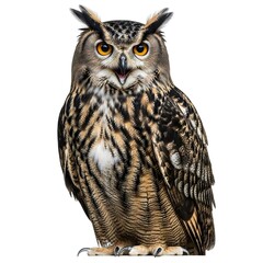 Obraz premium A wise and alert owl perched on a branch with piercing yellow eyes
